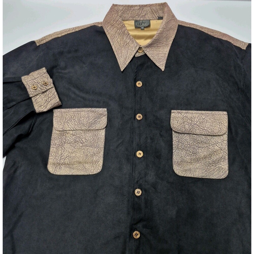 Vtg Firado Faux Suede Elephant Print Trim Shirt Mens L 90s Collar Western EUC